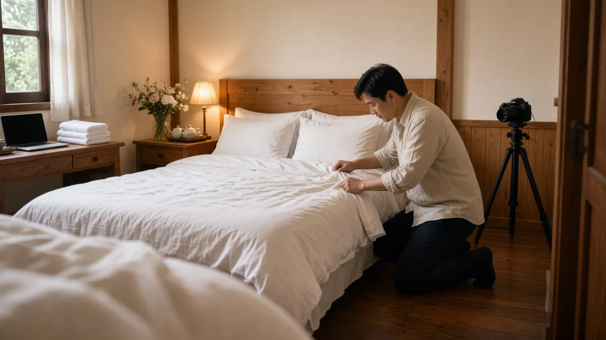 Nhân viên khách sạn chỉnh ga gối trước máy ảnh trong phòng nghỉ, chuẩn bị hình ảnh giới thiệu phòng trên website.