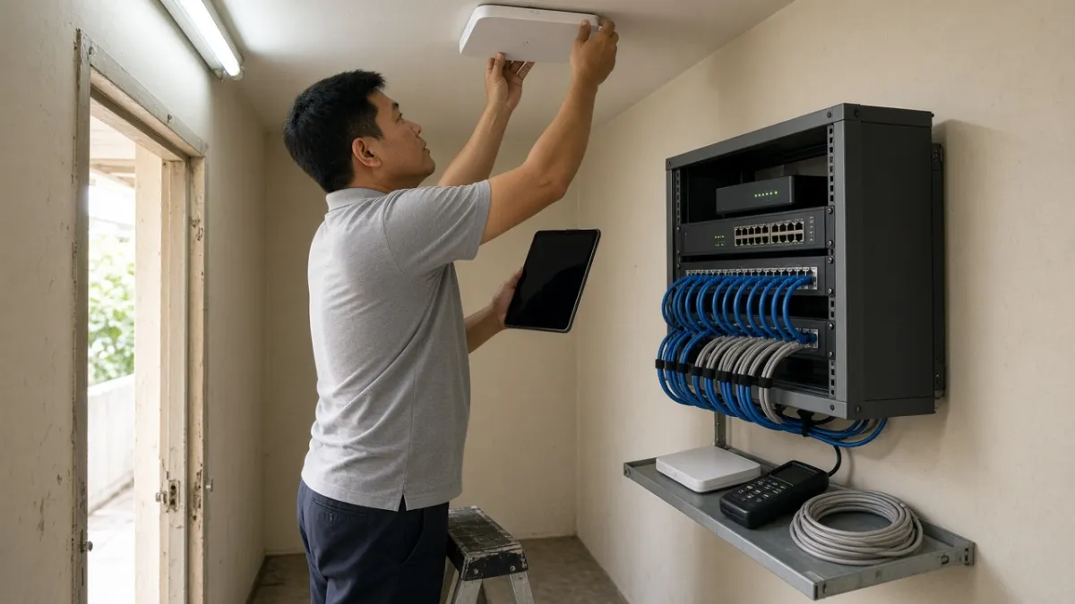 Kỹ thuật viên kiểm tra điểm phát Wi-Fi trên trần, cạnh tủ rack mạng trong phòng thiết bị khách sạn.