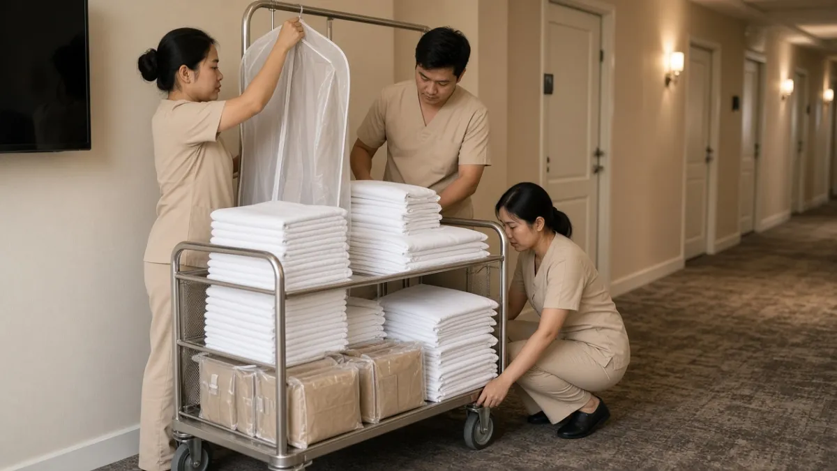 Ba nhân viên buồng phòng xếp khăn tắm lên xe dịch vụ trong hành lang khách sạn trước dịp lễ.