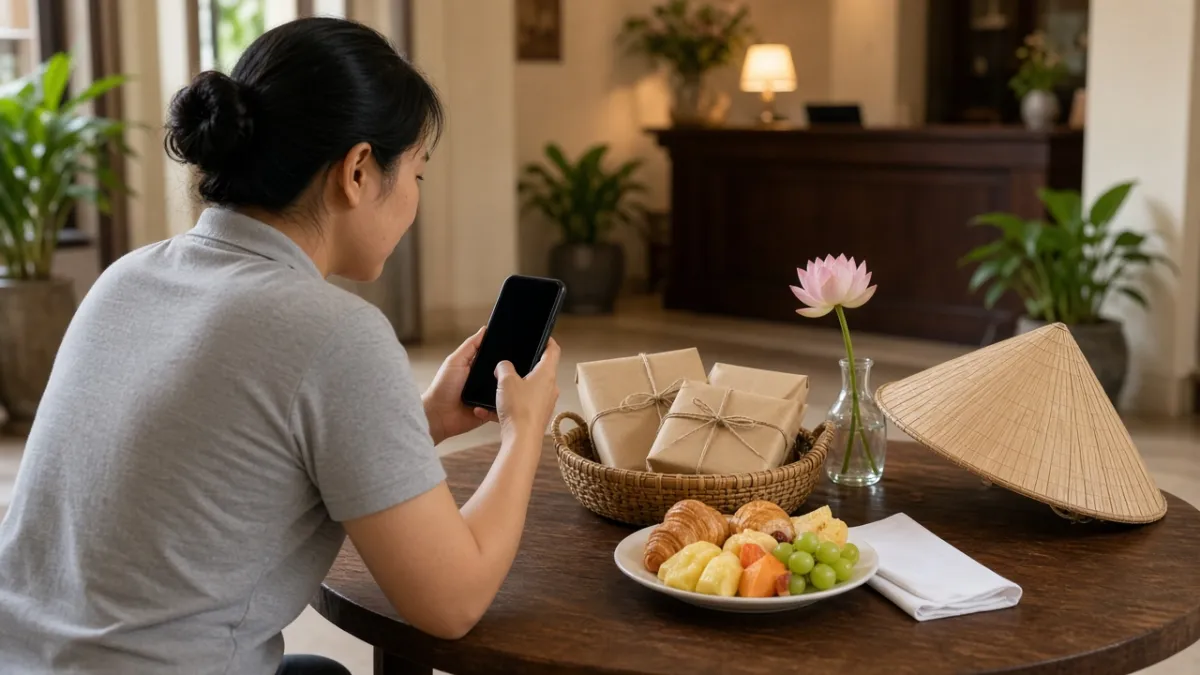 Nhân viên khách sạn sắp xếp gói combo ăn sáng, quà tặng và chụp ảnh minh họa để bán trọn gói dịp lễ.