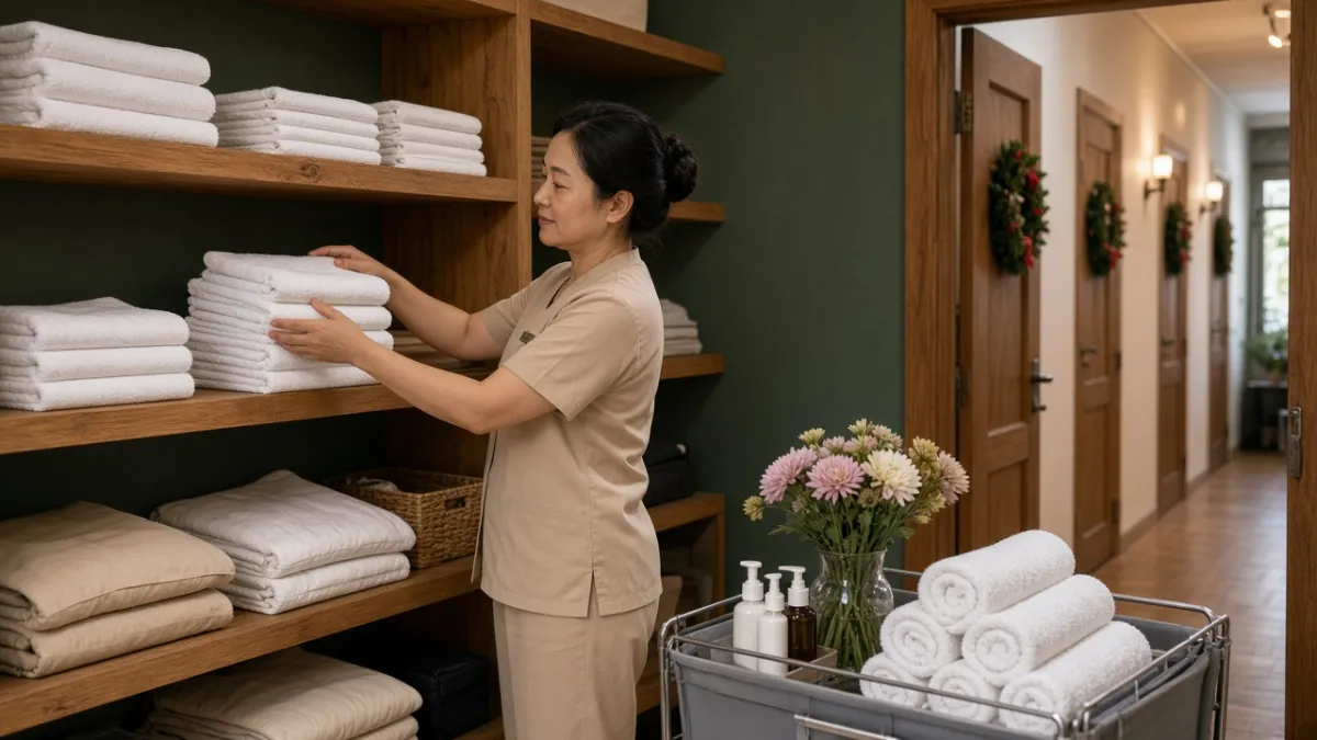 Nhân viên khách sạn sắp xếp khăn và đồ dùng trên xe buồng phòng, thể hiện sự chuẩn bị kỹ trước mùa lễ.