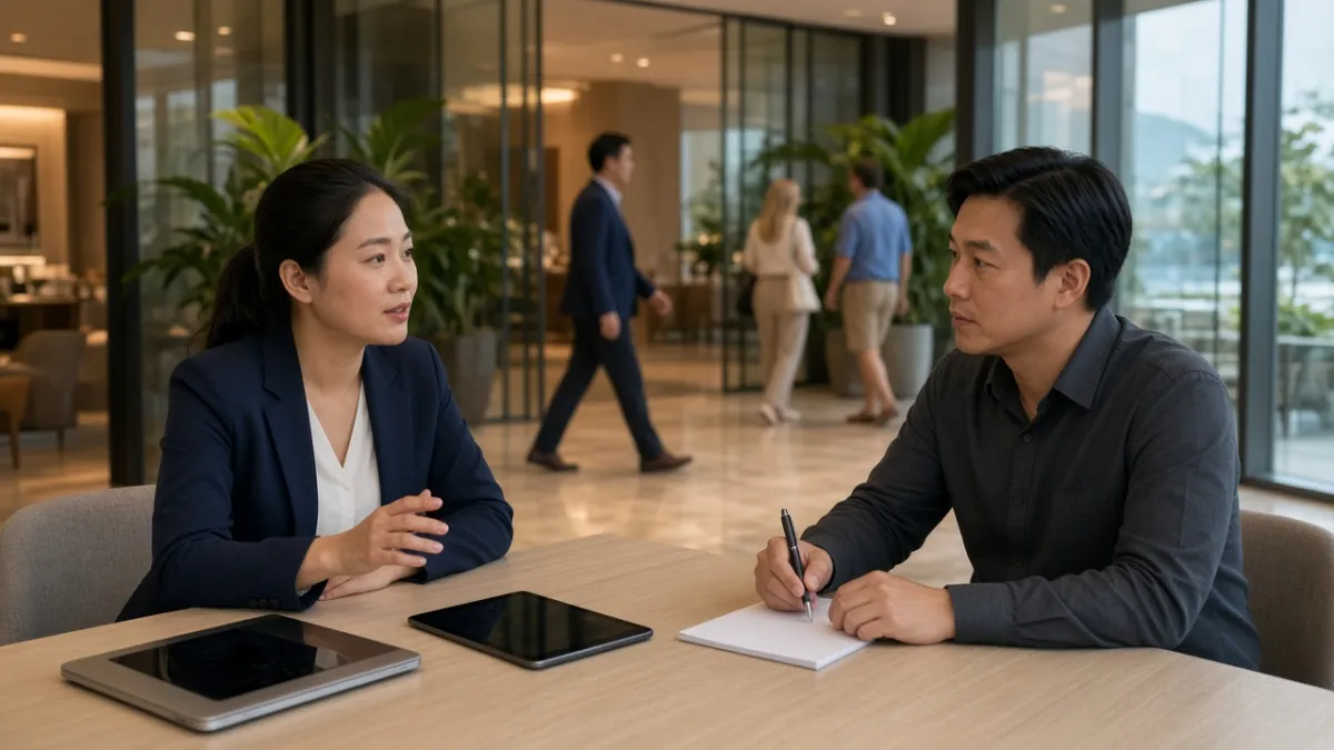 Hai chuyên viên khách sạn Việt Nam họp phân tích chiến dịch marketing và hiệu suất kinh doanh tại sảnh resort.