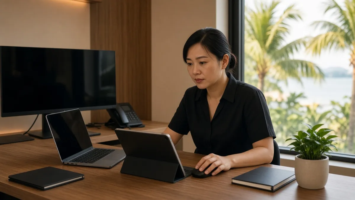 Quản lý khách sạn Việt Nam tại phòng vận hành với máy tính và bảng điện tử, minh họa phân tích nhúng.