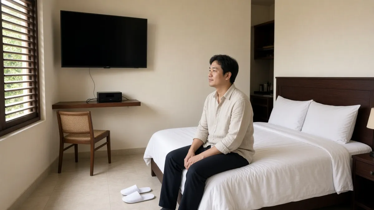 Khách ngồi trong phòng khách sạn hiện đại, hướng nhìn về TV treo tường và thiết bị truyền hình tích hợp.