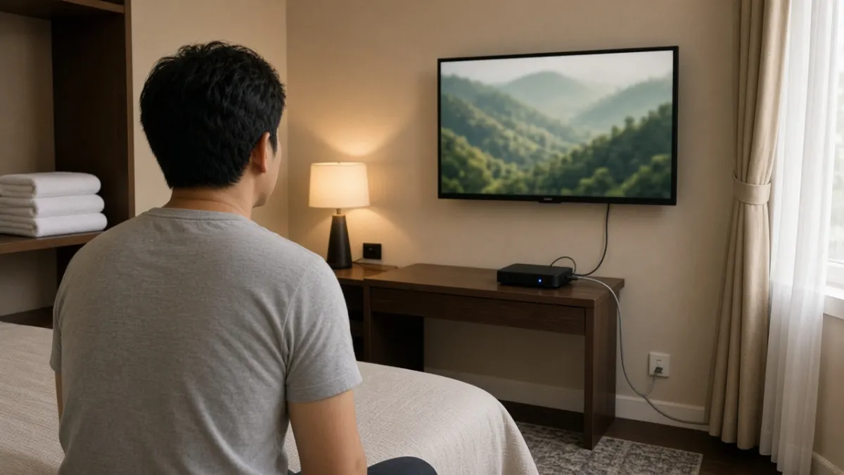 Khách xem TV trong phòng khách sạn, hộp Android TV và dây mạng LAN kết nối tường.