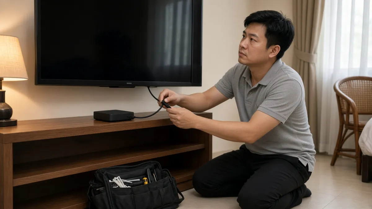 Kỹ thuật viên gắn Android Box nối HDMI vào TV có sẵn trong phòng khách sạn, không cần đổi màn hình.