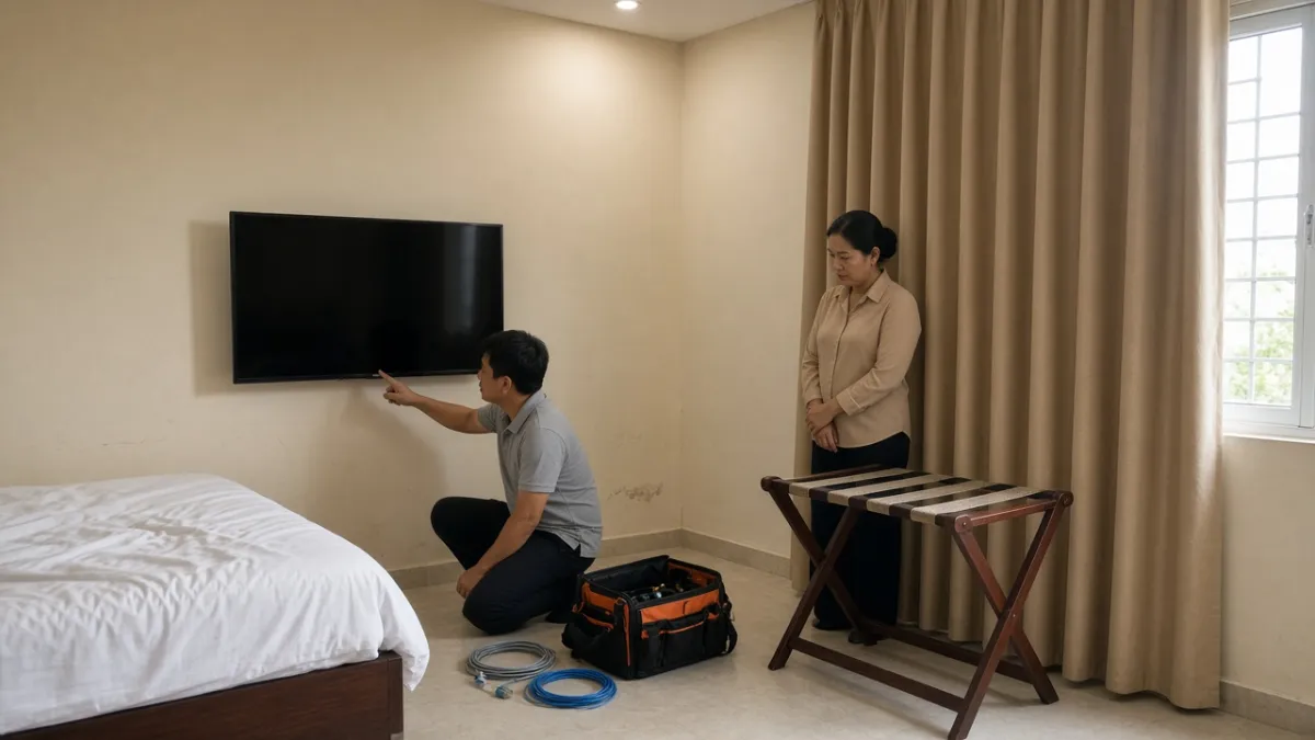 Kỹ thuật viên khảo sát lắp truyền hình khách sạn trong phòng nghỉ, trao đổi với nhân viên khách sạn bên TV tắt màn hình.