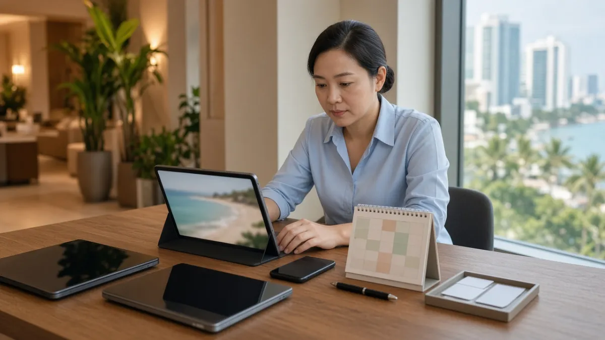 Nhân viên khách sạn tại Đà Nẵng quản lý đặt phòng đa kênh qua laptop, máy tính bảng và điện thoại trên bàn làm việc.