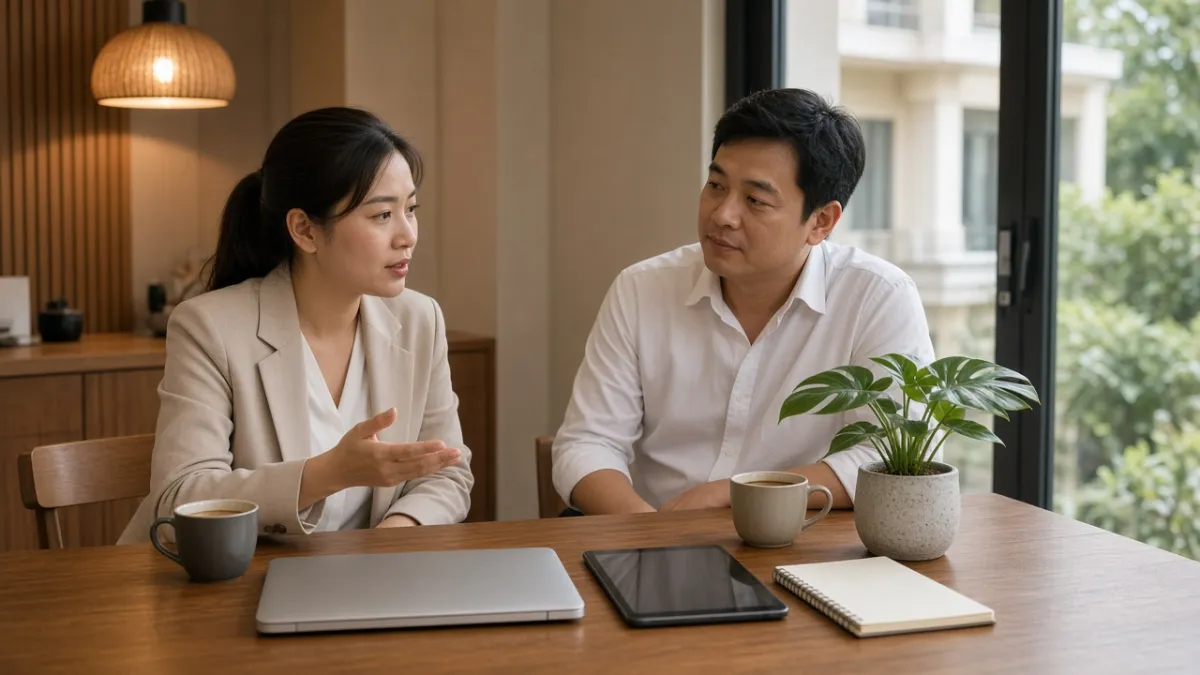 Hai nhân viên khách sạn Việt Nam trao đổi tại phòng làm việc khi cân nhắc chọn Channel Manager phù hợp.