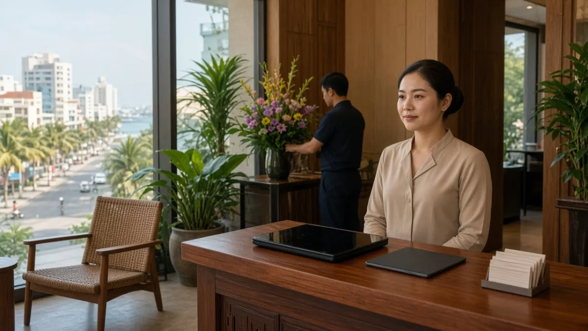 Nhân viên lễ tân khách sạn tại Đà Nẵng làm việc trật tự buổi sáng, thể hiện vận hành đặt phòng đa kênh hiệu quả.