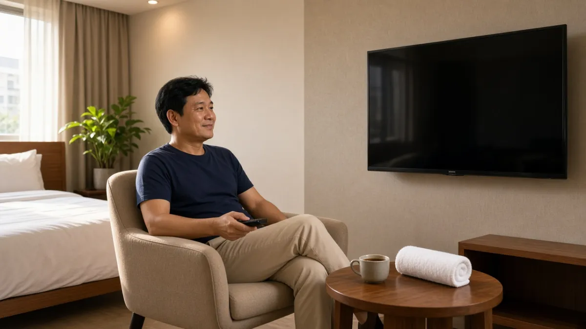Khách thư giãn trong phòng khách sạn với TV treo tường, trải nghiệm số và dịch vụ bán chéo sau nâng cấp IPTV.