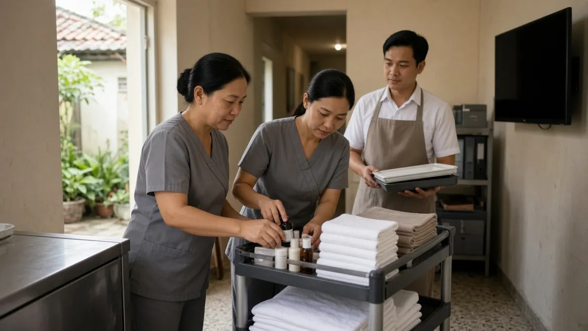 Quản lý hướng dẫn nhân viên thực hành công việc tại khu phục vụ, đồng nghiệp bộ phận khác quan sát để học chéo.