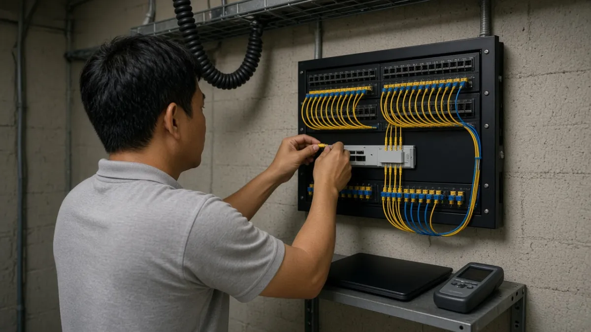 Kỹ thuật viên đấu nối cáp quang tại tủ phân phối splitter trong phòng viễn thông khách sạn khi triển khai GPON.