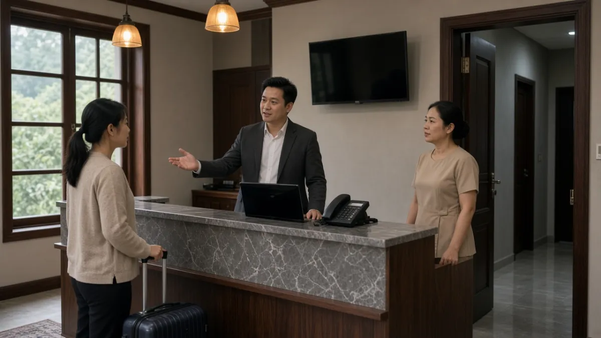 Quản lý lễ tân ở quầy tiếp tận phối hợp nhân viên và tiếp khách có vali trong sảnh khách sạn ấm cúng.