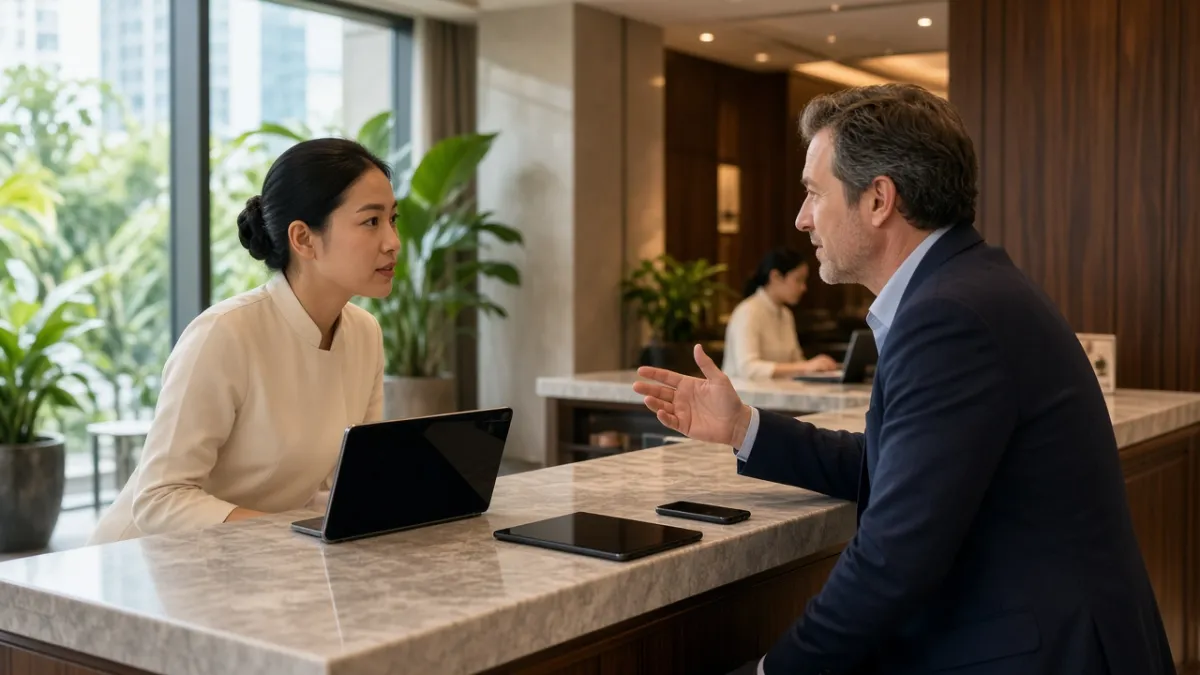 Nhân viên lễ tân khách sạn hiện đại lắng nghe khách tại quầy, thiết bị sẵn sàng giao tiếp đa kênh thời gian thực.