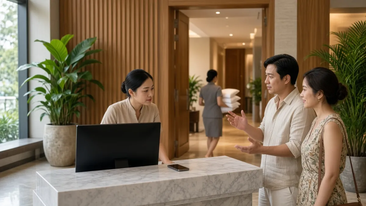 Lễ tân khách sạn Việt Nam tiếp nhận yêu cầu khách, điều phối nhân viên buồng phòng mang gối phục vụ.