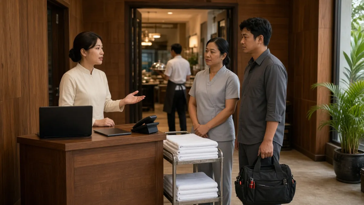 Phối hợp giữa lễ tân, buồng phòng, kỹ thuật và ẩm thực tại khu vận hành khách sạn Việt Nam.