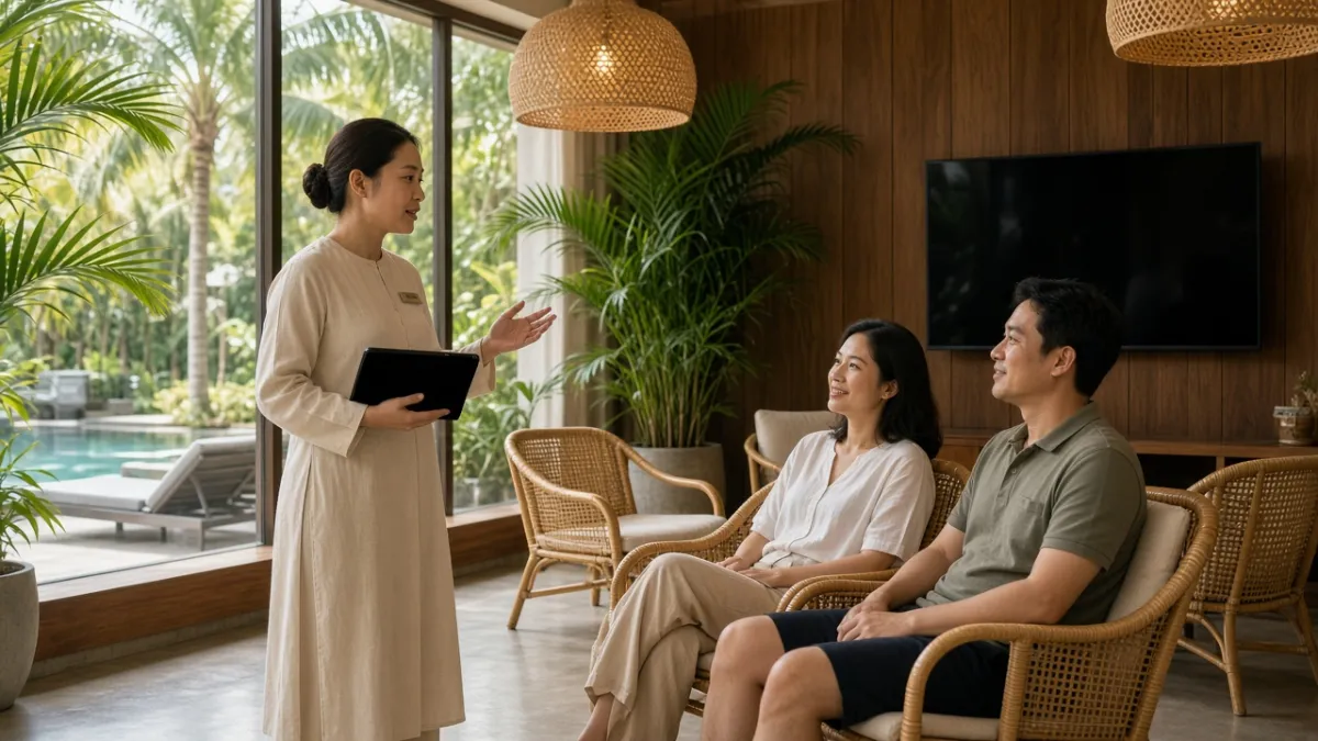 Nhân viên khách sạn resort boutique Đà Nẵng giao tiếp cá nhân hóa với khách qua máy tính bảng trong sảnh lobby.