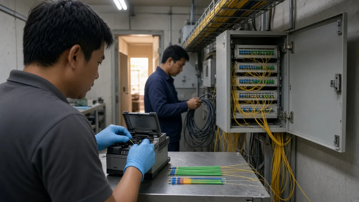 Kỹ thuật viên hàn nối sợi quang tại tủ phân phối trong phòng thiết bị mạng tòa nhà văn phòng doanh nghiệp.
