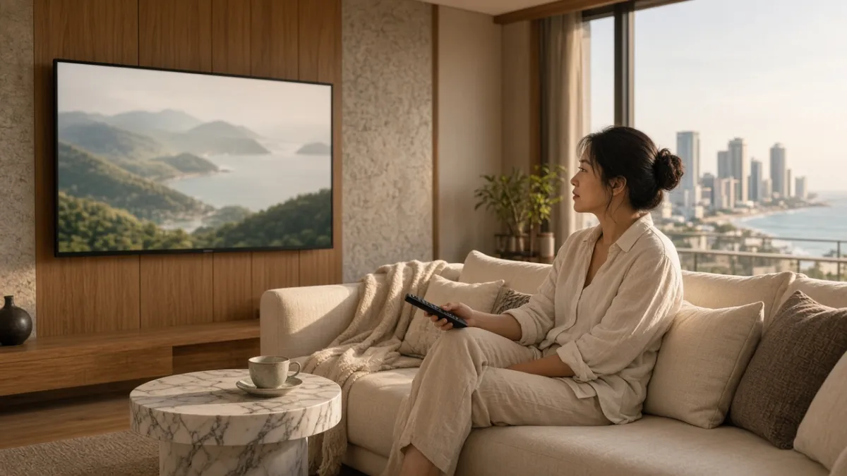 Khách nữ thư giãn trong phòng suite cao cấp, trải nghiệm truyền hình in-room nâng tầm dịch vụ lưu trú.
