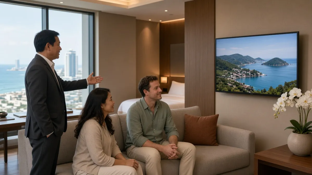 Quản lý khách sạn giới thiệu phòng suite với TV treo tường cho khách, thể hiện bước đi chiến lược truyền hình.