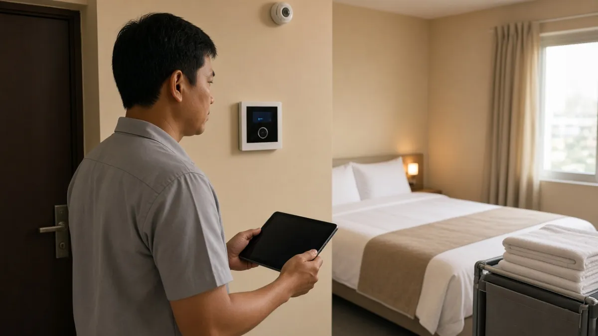 Nhân viên buồng phòng dùng máy tính bảng cùng cảm biến và bảng điều khiển nhiệt độ trong phòng khách sạn.