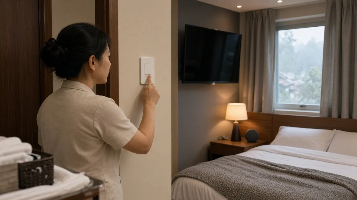 Nhân viên buồng phòng điều chỉnh ánh sáng thông minh trong phòng khách đã dọn, minh họa xu hướng tự động hóa.