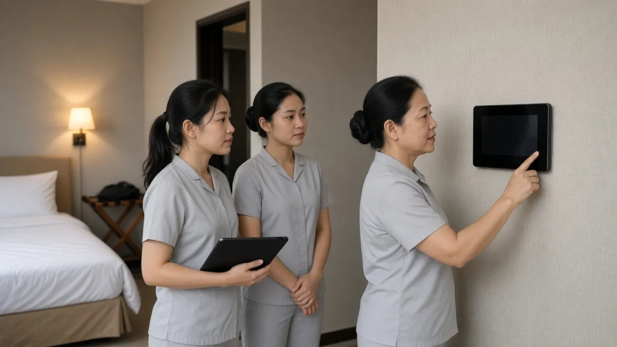 Nhân viên khách sạn được hướng dẫn vận hành bảng điều khiển tự động trong phòng khách mẫu.