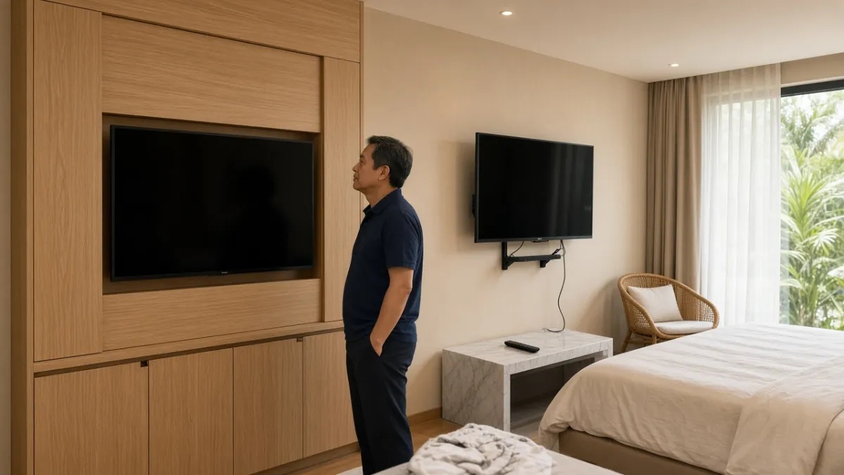 Kỹ thuật viên so sánh TV khách sạn tích hợp tường và Smart TV treo giá đỡ trong phòng khách sạn hiện đại.