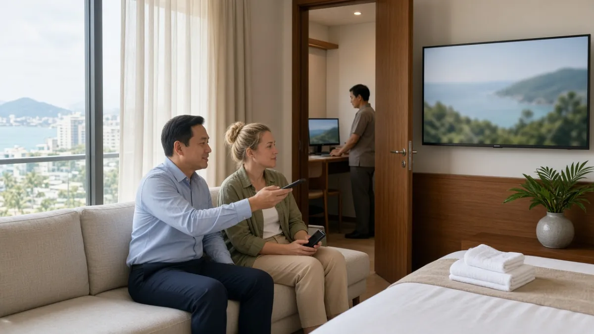 Khách trong phòng khách sạn dùng điện thoại với TV thông minh, nhân viên điều khiển từ xa qua hệ thống quản lý.