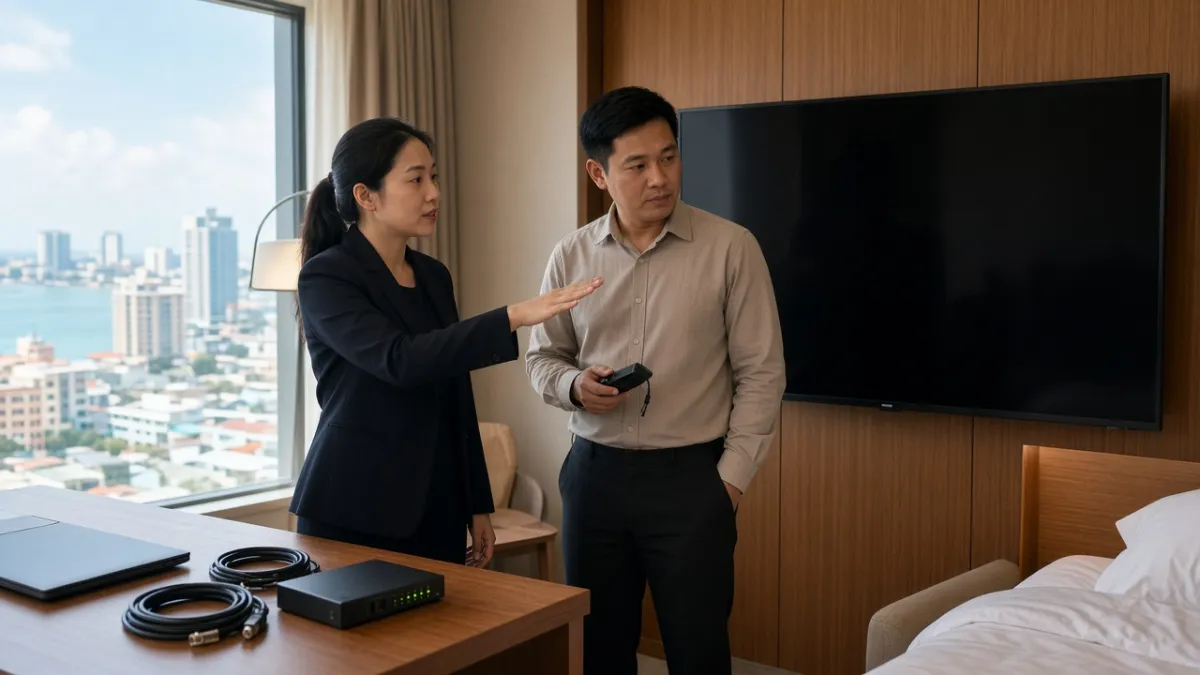Chuyên viên tư vấn và kỹ thuật viên khách sạn trao đổi khi lắp đặt và tích hợp Smart TV trong phòng suite.