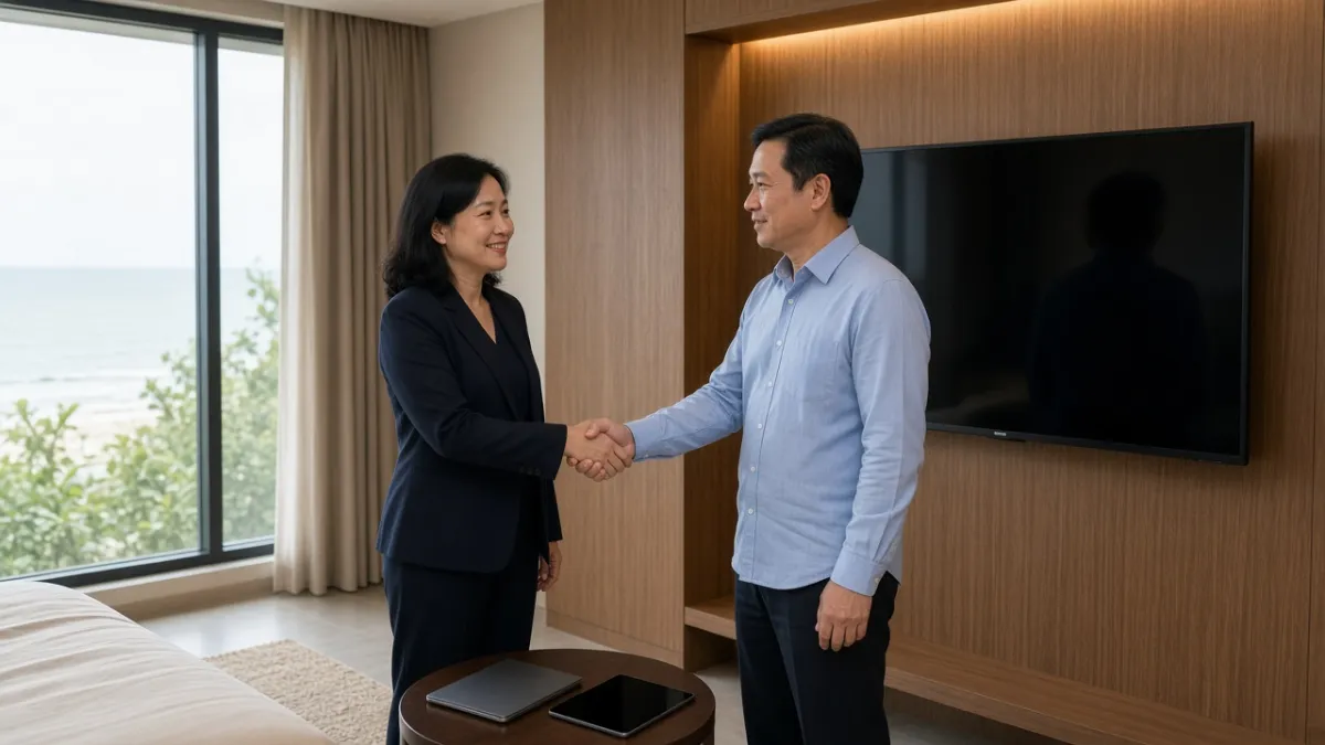 Quản lý khách sạn và chuyên viên bắt tay bên TV thông minh mới lắp trong phòng khách sạn hiện đại tại Đà Nẵng.
