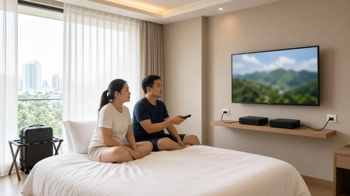 Phòng khách sạn Đà Nẵng với TV treo tường và hai đầu thu truyền hình qua mạng và sóng mặt đất.