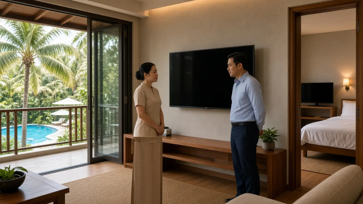 Chuyên viên và quản lý khách sạn trao đổi trước TV resort, phía sau là phòng homestay với TV nhỏ trên kệ gỗ.