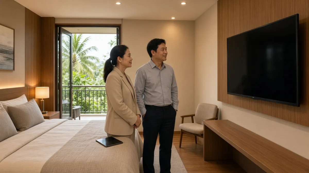 Quản lý khách sạn và chuyên viên tư vấn kiểm tra TV phòng nghỉ sau triển khai hệ thống truyền hình khách sạn.