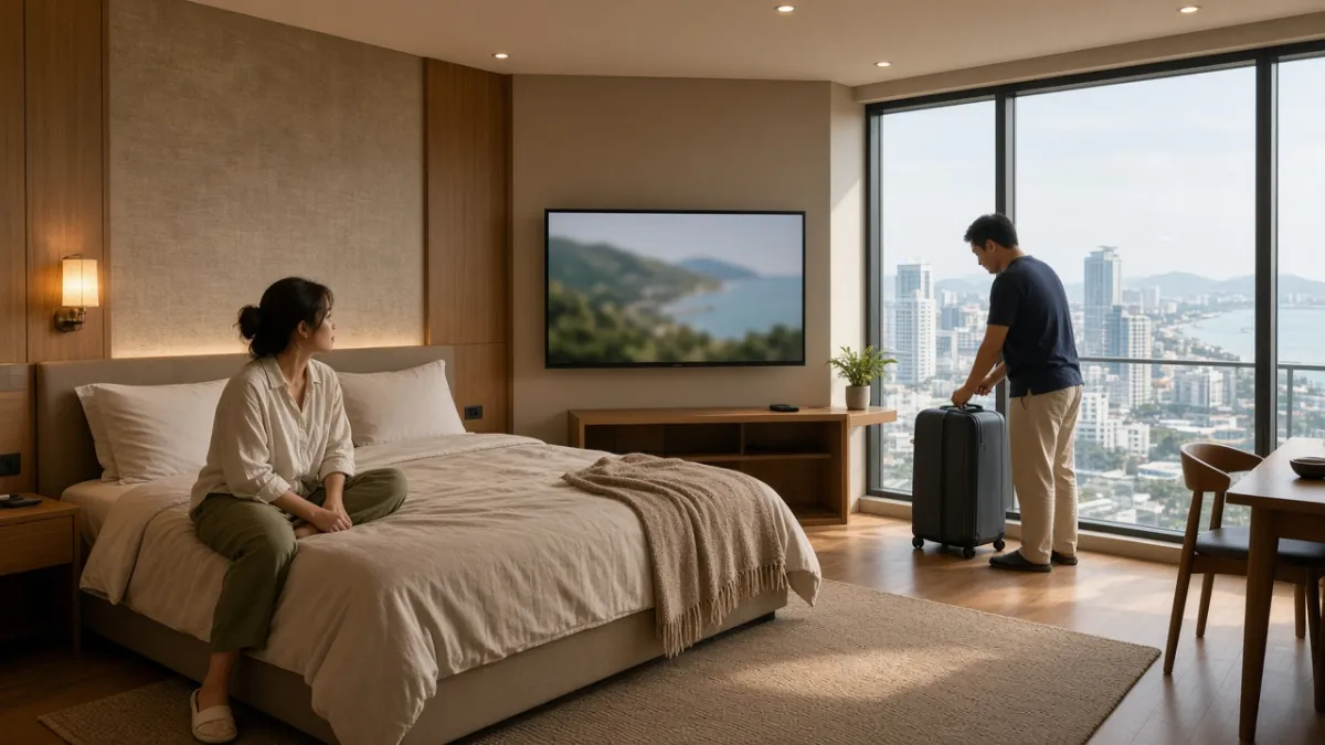 Cặp khách Việt vừa nhận phòng khách sạn hiện đại tại Đà Nẵng, TV treo tường sẵn sàng phục vụ trải nghiệm cá nhân hóa.