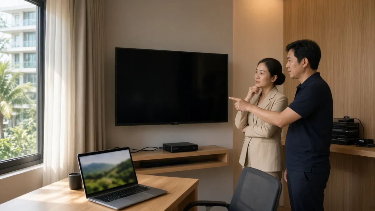 Kỹ thuật viên tư vấn quản lý khách sạn về triển khai IPTV và tùy chỉnh nội dung truyền hình trong phòng.