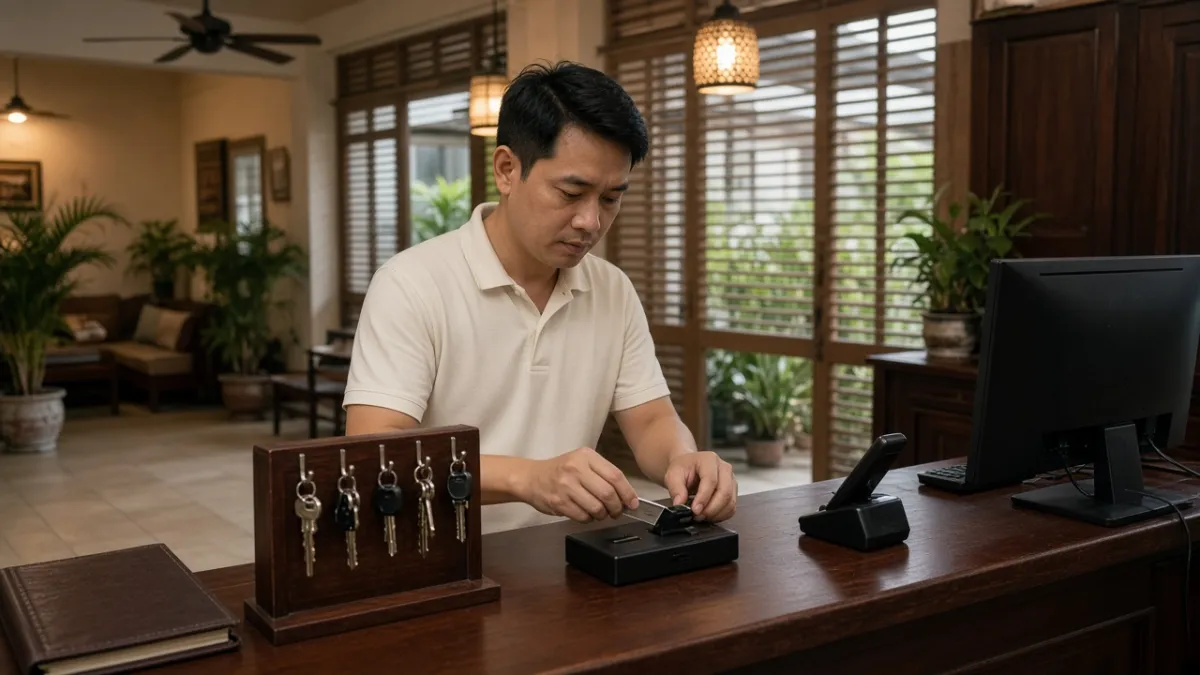 Lễ tân khách sạn ghi thẻ phòng tại quầy, bên cạnh sổ đăng ký và móc chìa khóa truyền thống.