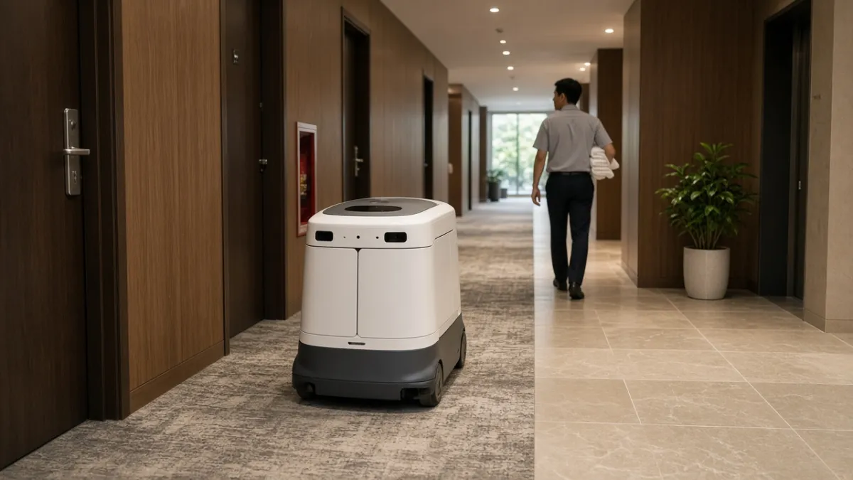 Robot giao hàng dừng giữa hành lang khách sạn trong khi nhân viên buồng phòng đi ngang qua.