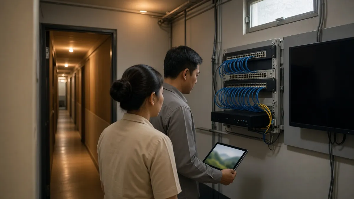 Nhân viên khách sạn xem tủ mạng và thiết bị kỹ thuật gọn gàng trong phòng máy hậu trường.