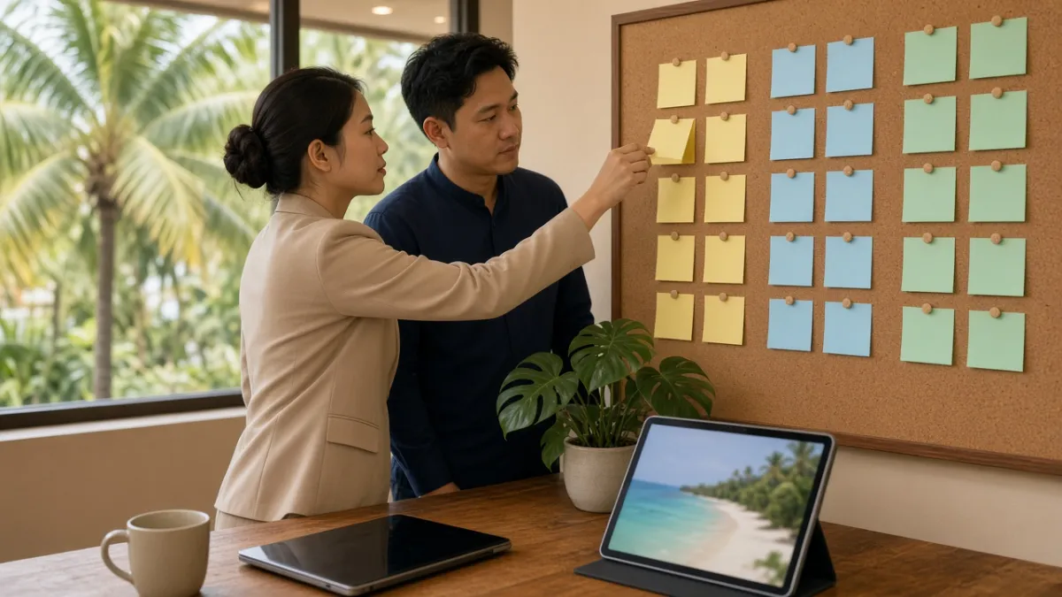 Nhân viên khách sạn tại Đà Nẵng cập nhật tiến độ công việc trên bảng thẻ màu trong văn phòng vận hành.
