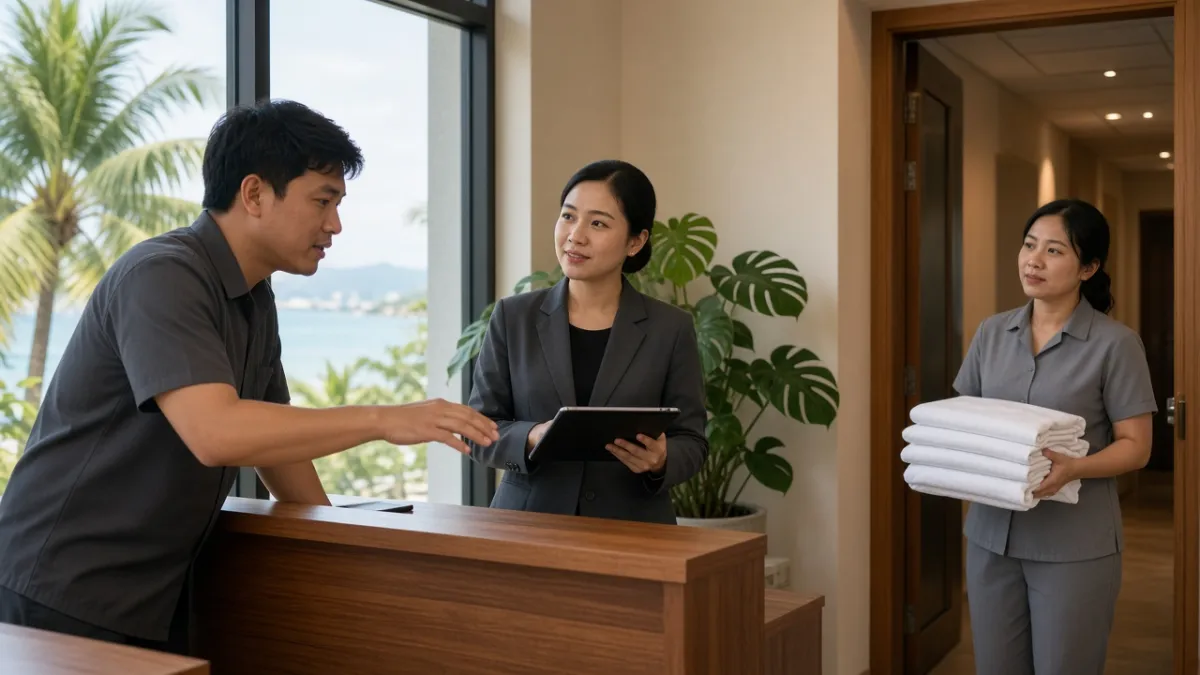 Nhân viên các bộ phận khách sạn ven biển phối hợp tại quầy điều hành, thể hiện vận hành nội bộ hiện đại.