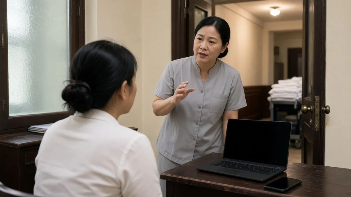 Nhân viên lễ tân và buồng phòng trao đổi nhanh tại khu vực điều phối, máy tính để bàn bên cạnh.