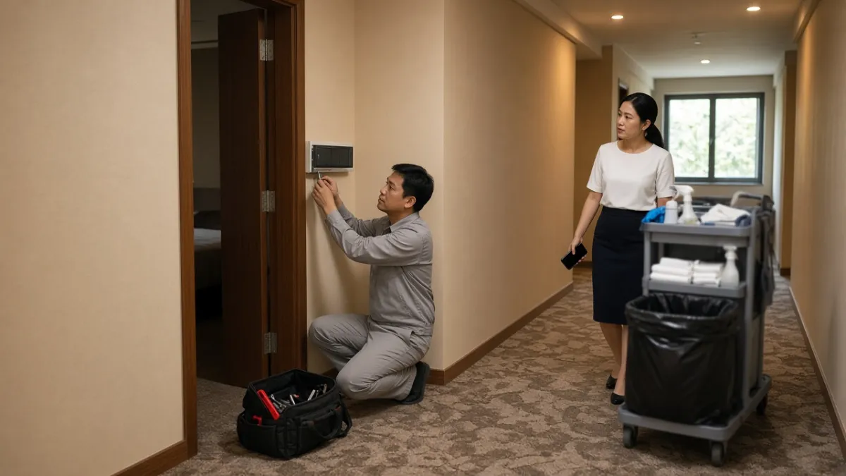 Nhân viên kỹ thuật sửa đèn hành lang khách sạn, buồng phòng cầm điện thoại phối hợp xử lý yêu cầu bảo trì.