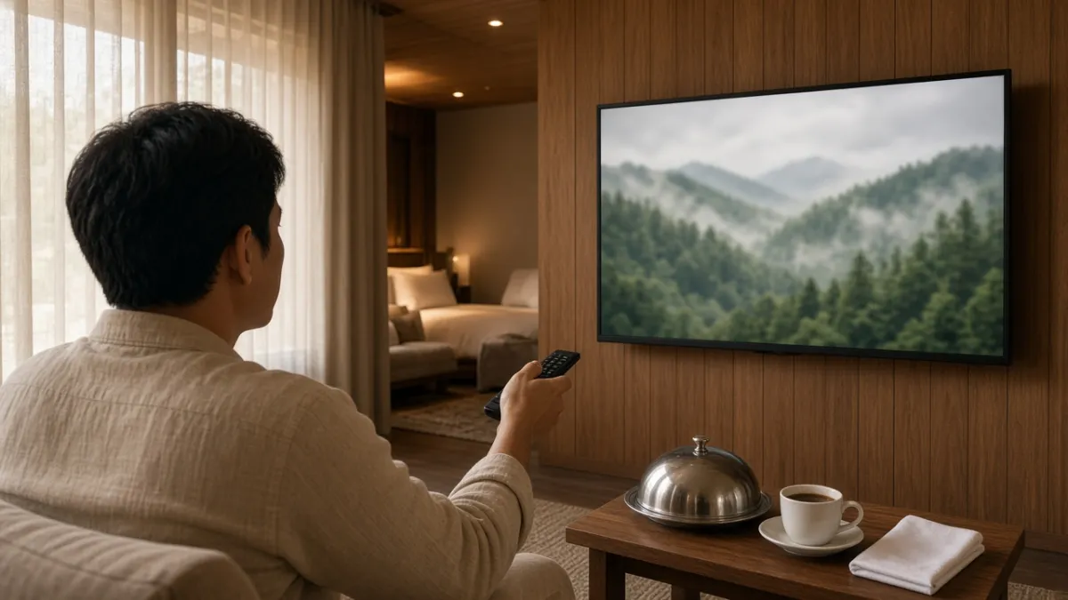 Góc nhìn từ sau lưng khách cầm remote hướng về TV trong phòng nghỉ, bên cạnh có bữa sáng phục vụ tại phòng.
