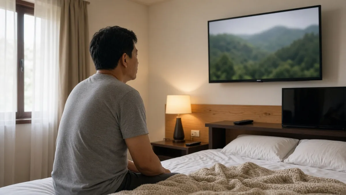 Khách xem TV gắn tường trong phòng khách sạn, thể hiện truyền hình qua Internet linh hoạt cho lưu trú.