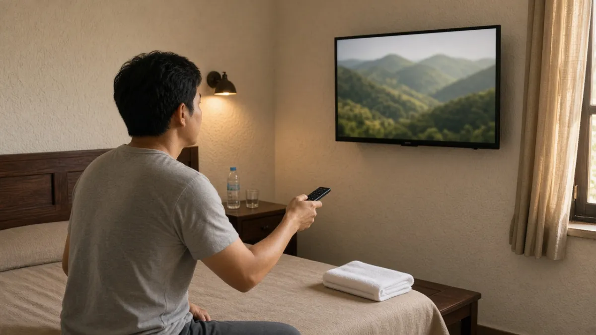 Khách dùng điều khiển từ xa xem Smart TV treo tường trong phòng khách sạn, ánh sáng ấm buổi chiều.