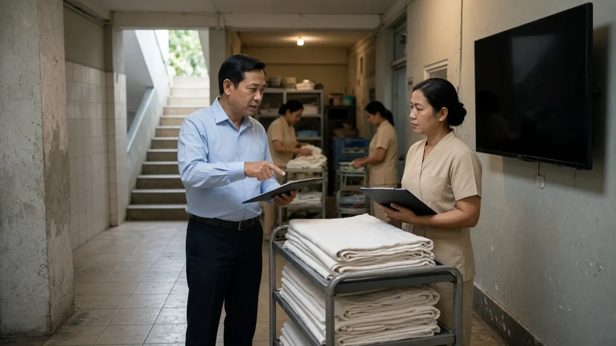 Quản lý khách sạn trao đổi với giám sát buồng phòng trong khu hậu cần, điều phối vận hành dọn phòng.
