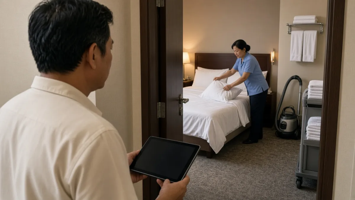 Quản lý khách sạn giám sát nhân viên buồng phòng dọn phòng và kiểm tra chất lượng phòng sáng sớm.