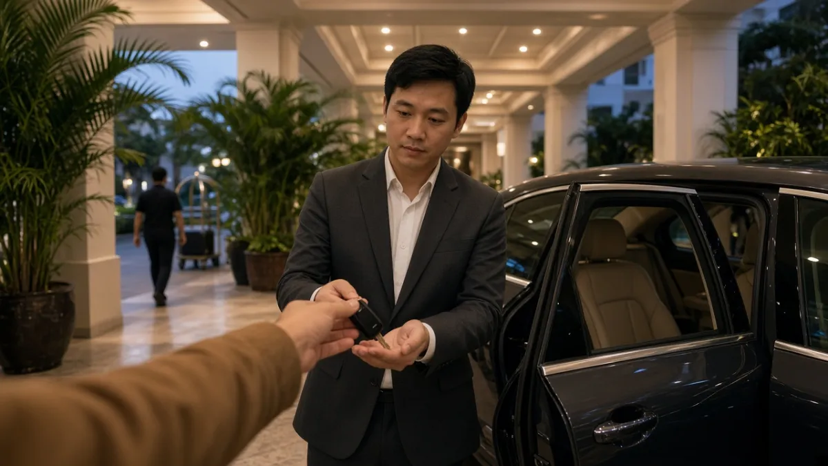 Nhân viên valet đồng phục nhận chìa khóa từ khách tại lối vào có mái che, bên xe sedan hạng sang.
